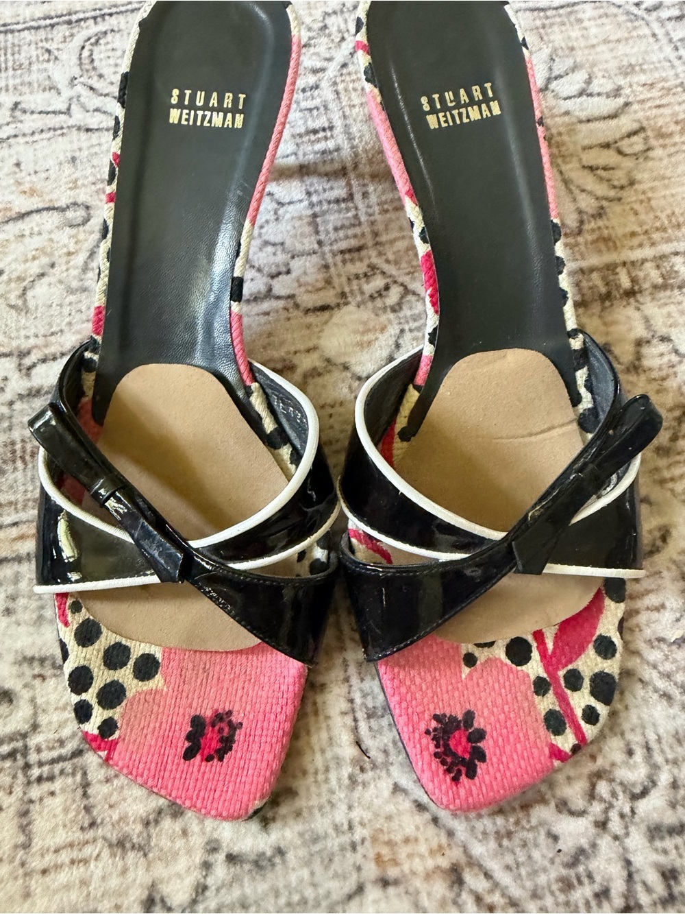 Stuart Weitzman Black Patent and Pink Pattern Slide Mules